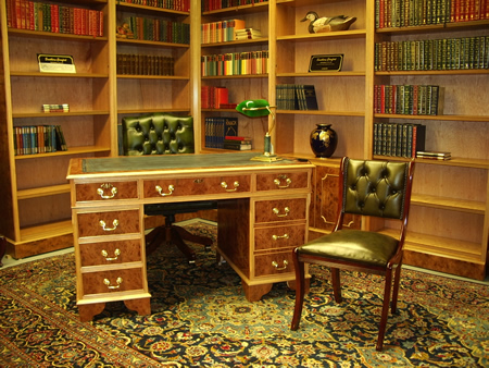 Combination Bookcases and Pedestal Desk in Burr Elm with Leather Chairs